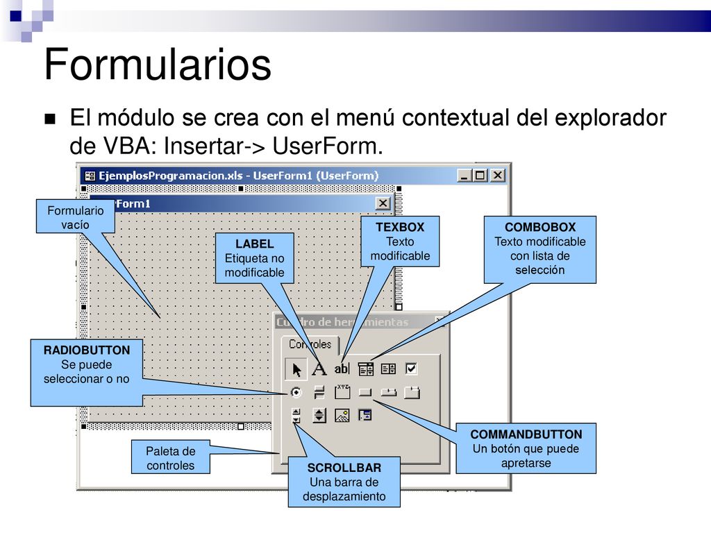 Formularios El módulo se crea con el menú contextual del explorador de VBA: Insertar-> UserForm. Formulario vacío.