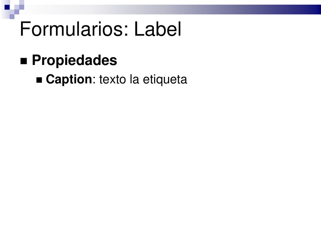 Formularios: Label Propiedades Caption: texto la etiqueta