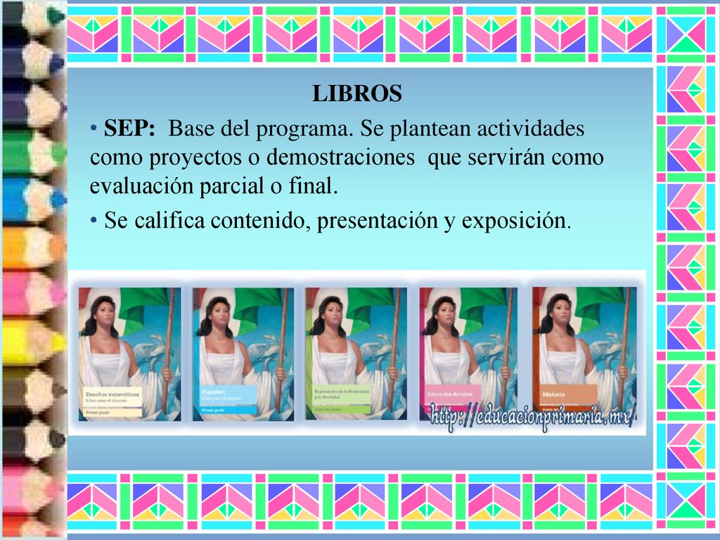 LIBROS SEP: Base del programa. Se plantean actividades como proyectos o demostraciones que servirán como evaluación parcial o final.