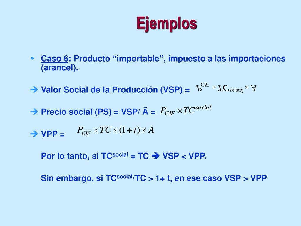 Ejemplos Caso 6: Producto importable , impuesto a las importaciones (arancel). Valor Social de la Producción (VSP) =