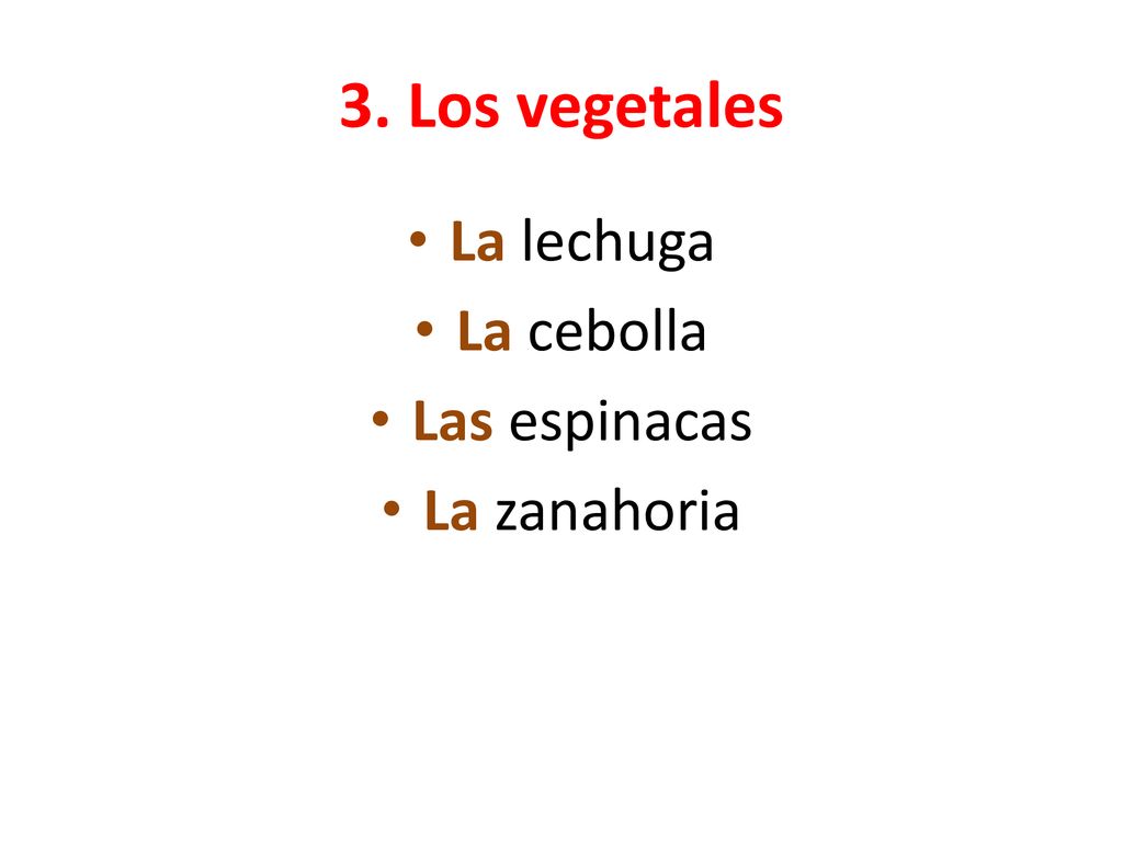 3. Los vegetales La lechuga La cebolla Las espinacas La zanahoria