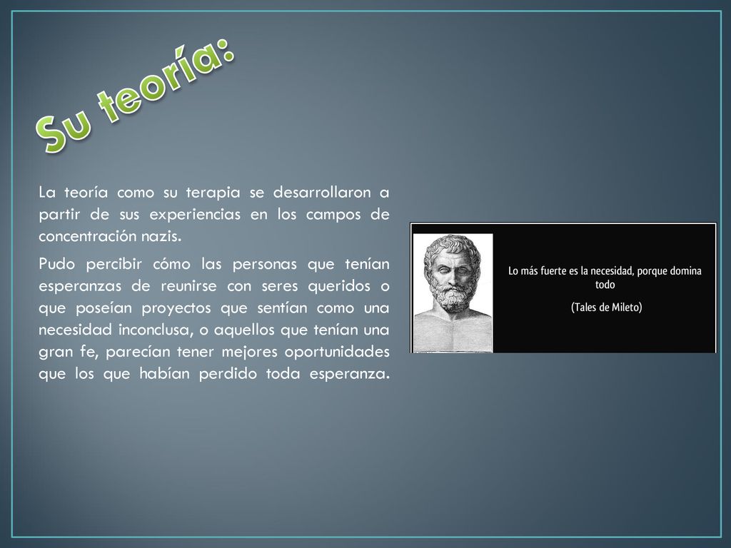 Su teoría: La teoría como su terapia se desarrollaron a partir de sus experiencias en los campos de concentración nazis.