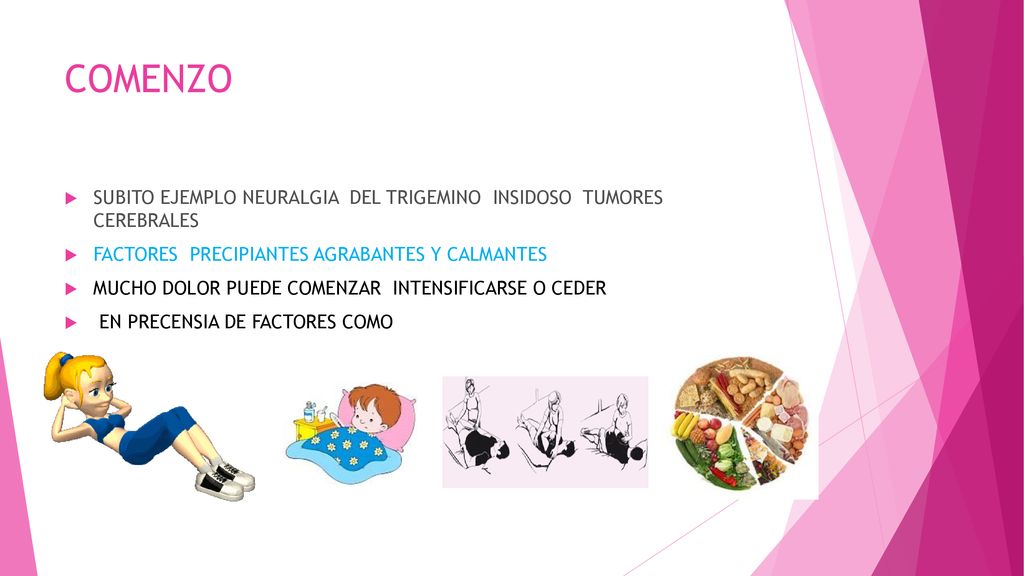 COMENZO SUBITO EJEMPLO NEURALGIA DEL TRIGEMINO INSIDOSO TUMORES CEREBRALES. FACTORES PRECIPIANTES AGRABANTES Y CALMANTES.