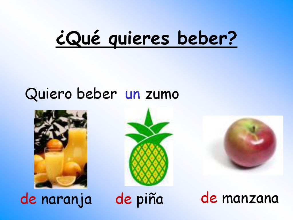 ¿Qué quieres beber Quiero beber un zumo de naranja de piña de manzana