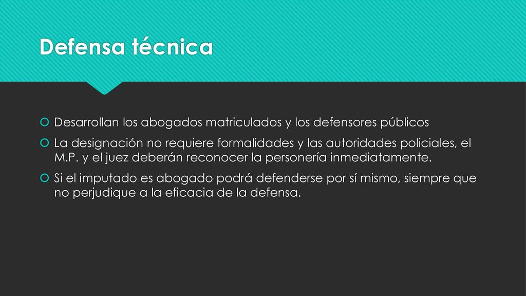 Defensa técnica Desarrollan los abogados matriculados y los defensores públicos.
