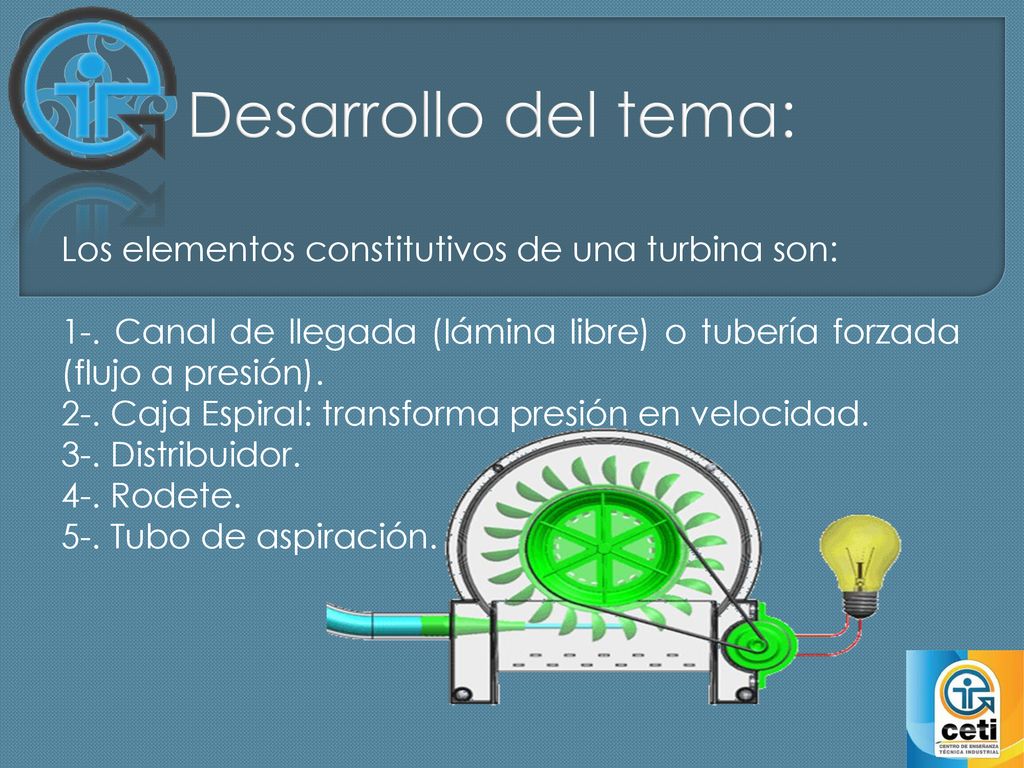 Desarrollo del tema: Los elementos constitutivos de una turbina son: