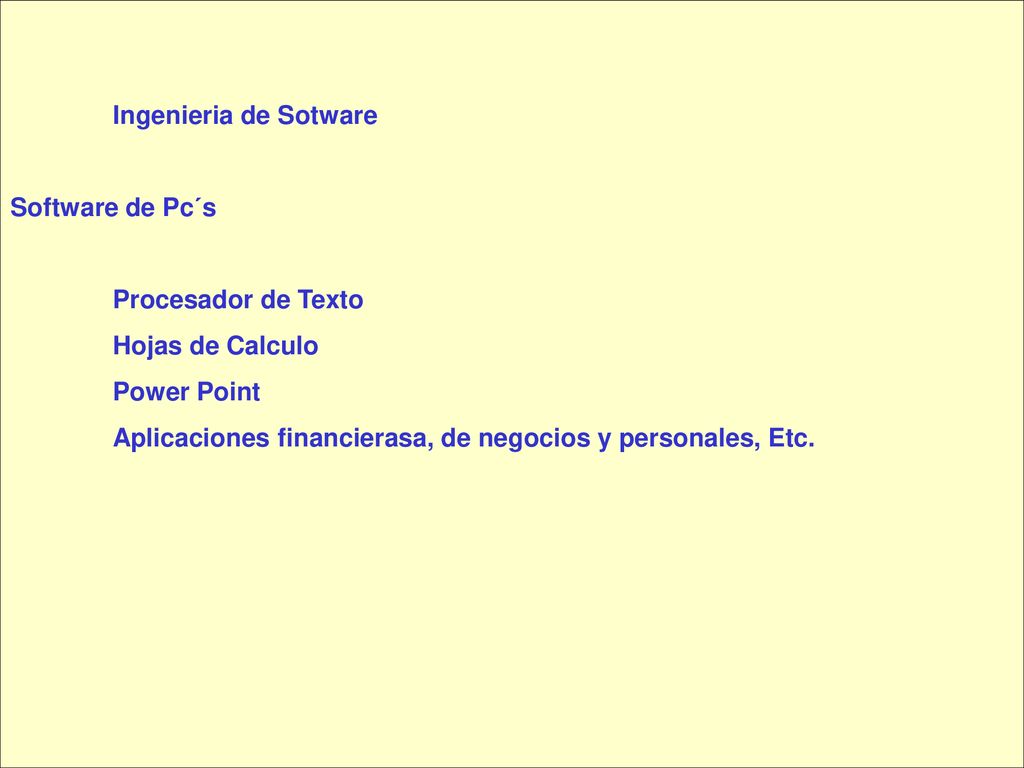 Ingenieria de Sotware Software de Pc´s. Procesador de Texto. Hojas de Calculo. Power Point.