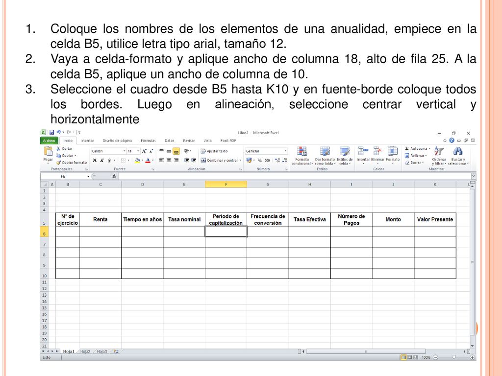 Coloque los nombres de los elementos de una anualidad, empiece en la celda B5, utilice letra tipo arial, tamaño 12.