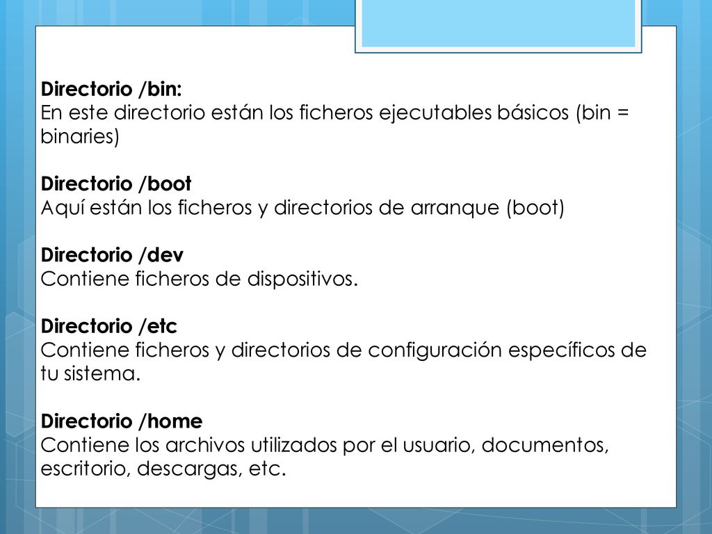 Directorio /bin: En este directorio están los ficheros ejecutables básicos (bin = binaries) Directorio /boot.