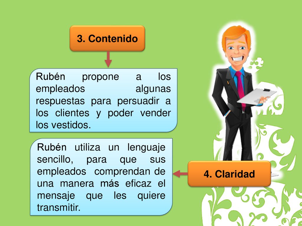 3. Contenido Rubén propone a los empleados algunas respuestas para persuadir a los clientes y poder vender los vestidos.
