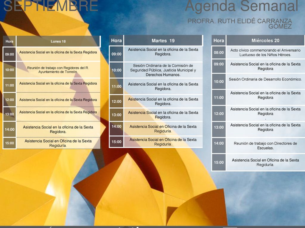Agenda Semanal SEPTIEMBRE Cabildo Torreón PROFRA. RUTH ELIDÉ CARRANZA