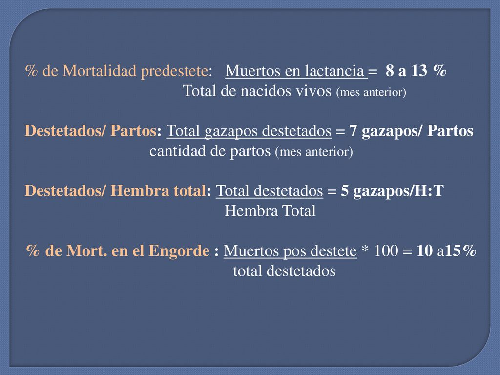 % de Mortalidad predestete: Muertos en lactancia = 8 a 13 %