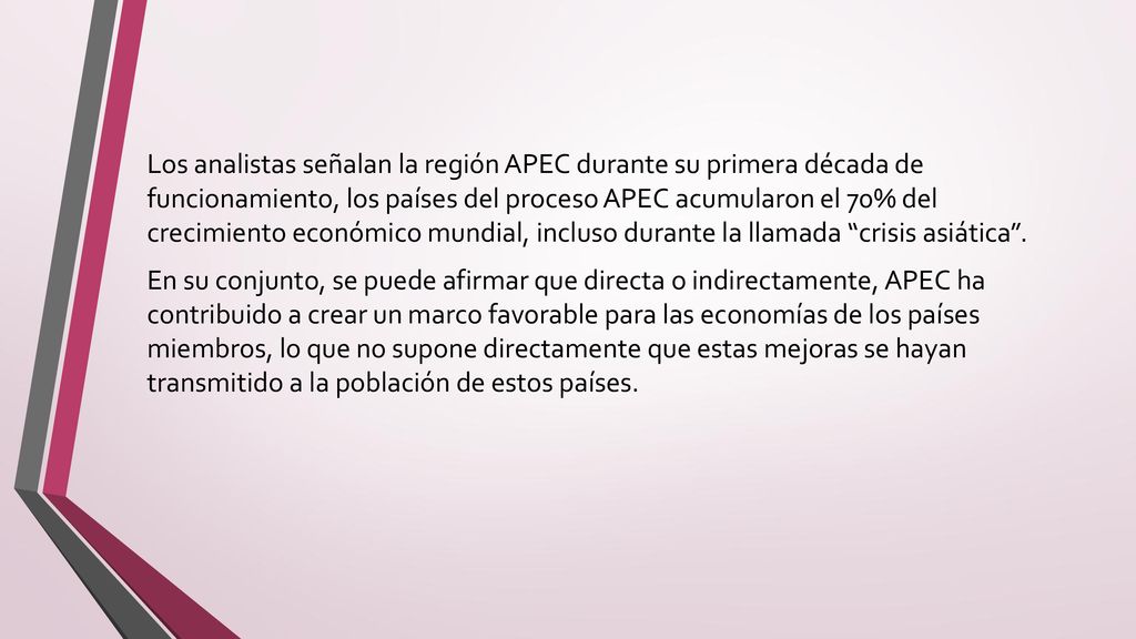 Los analistas señalan la región APEC durante su primera década de funcionamiento, los países del proceso APEC acumularon el 70% del crecimiento económico mundial, incluso durante la llamada crisis asiática .