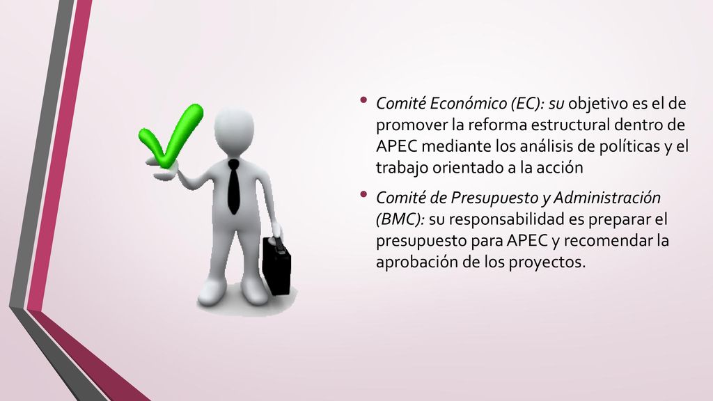 Comité Económico (EC): su objetivo es el de promover la reforma estructural dentro de APEC mediante los análisis de políticas y el trabajo orientado a la acción