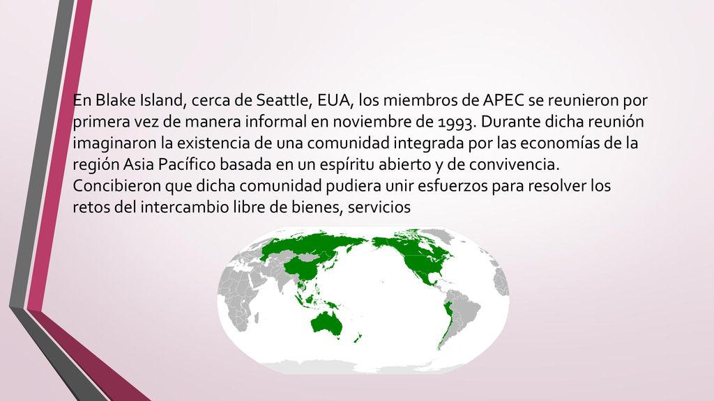 En Blake Island, cerca de Seattle, EUA, los miembros de APEC se reunieron por primera vez de manera informal en noviembre de 1993.