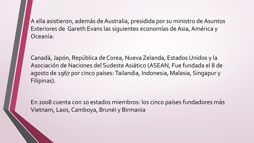 A ella asistieron, además de Australia, presidida por su ministro de Asuntos Exteriores de Gareth Evans las siguientes economías de Asia, América y Oceanía: