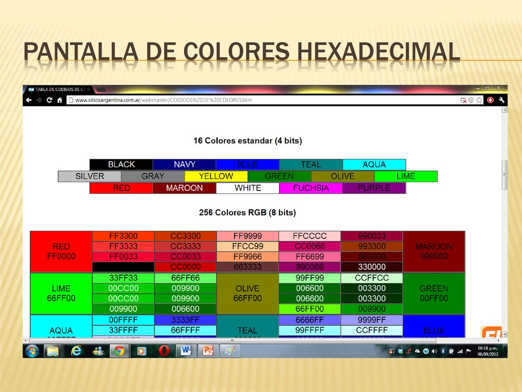 Pantalla de colores hexadecimal