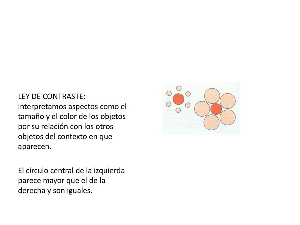 LEY DE CONTRASTE: interpretamos aspectos como el tamaño y el color de los objetos por su relación con los otros objetos del contexto en que aparecen.