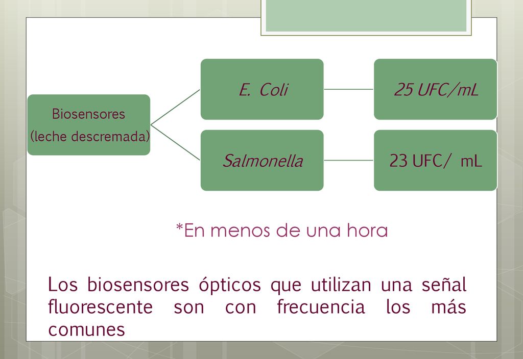 Biosensores (leche descremada) E. Coli. 25 UFC/mL. Salmonella. 23 UFC/ mL. *En menos de una hora.