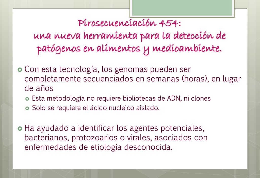 Pirosecuenciación 454: una nueva herramienta para la detección de patógenos en alimentos y medioambiente.