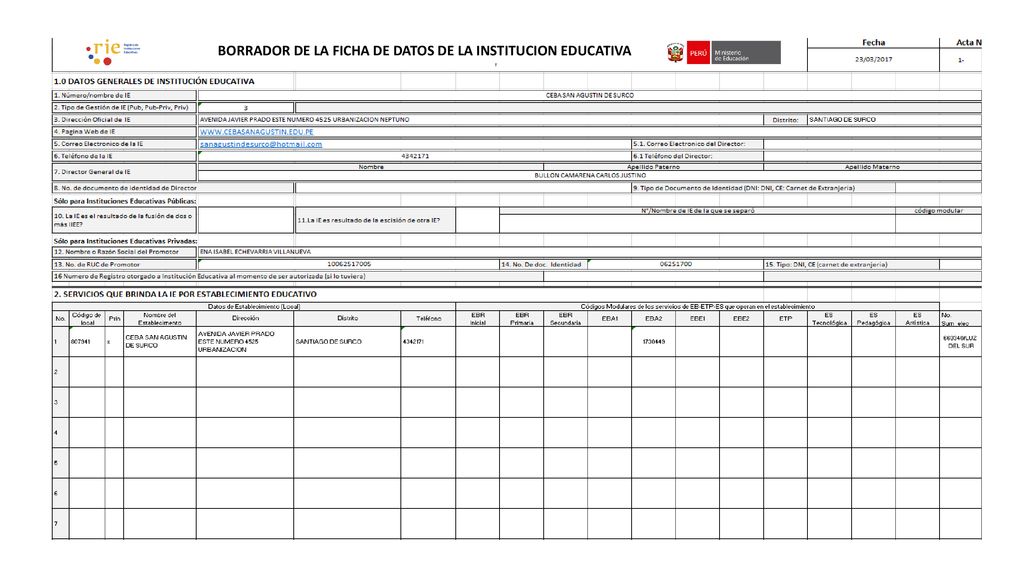 BORRADOR DE LA FICHA DE DATOS DE LA INSTITUCION EDUCATIVA