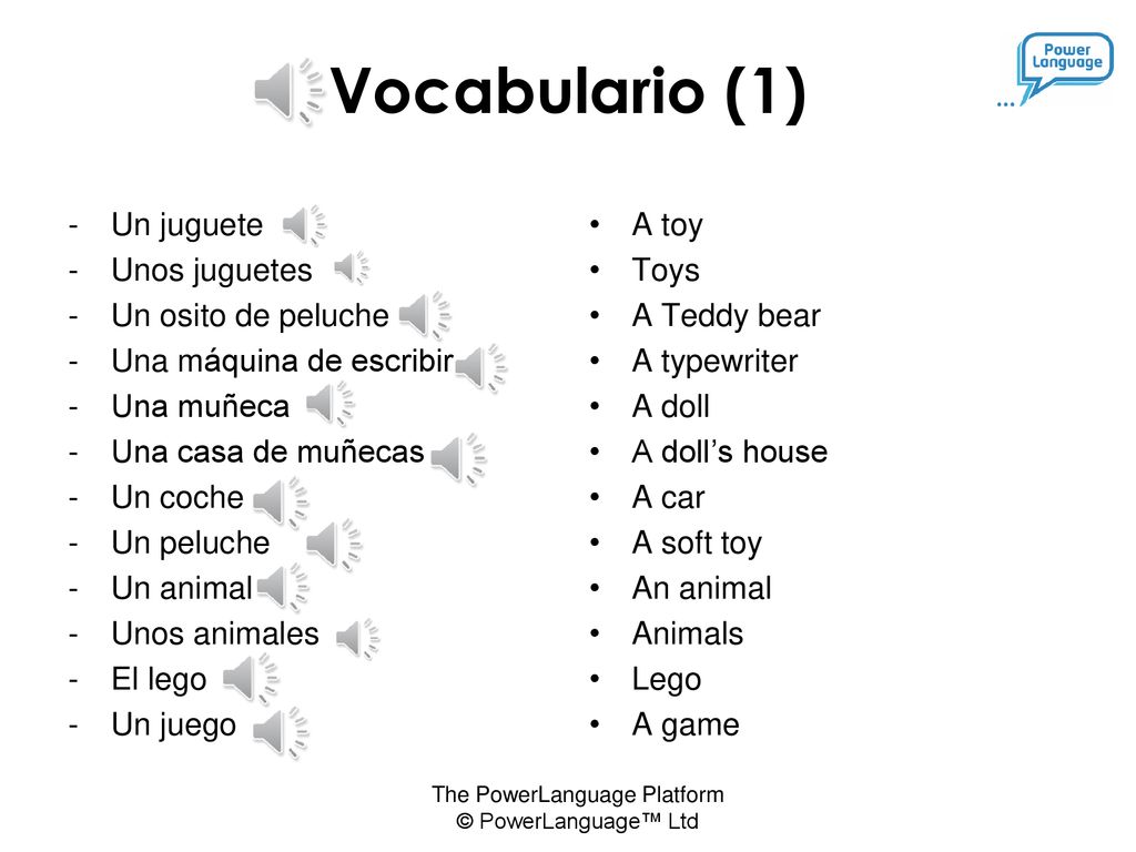 Vocabulario (1) Un juguete Unos juguetes Un osito de peluche