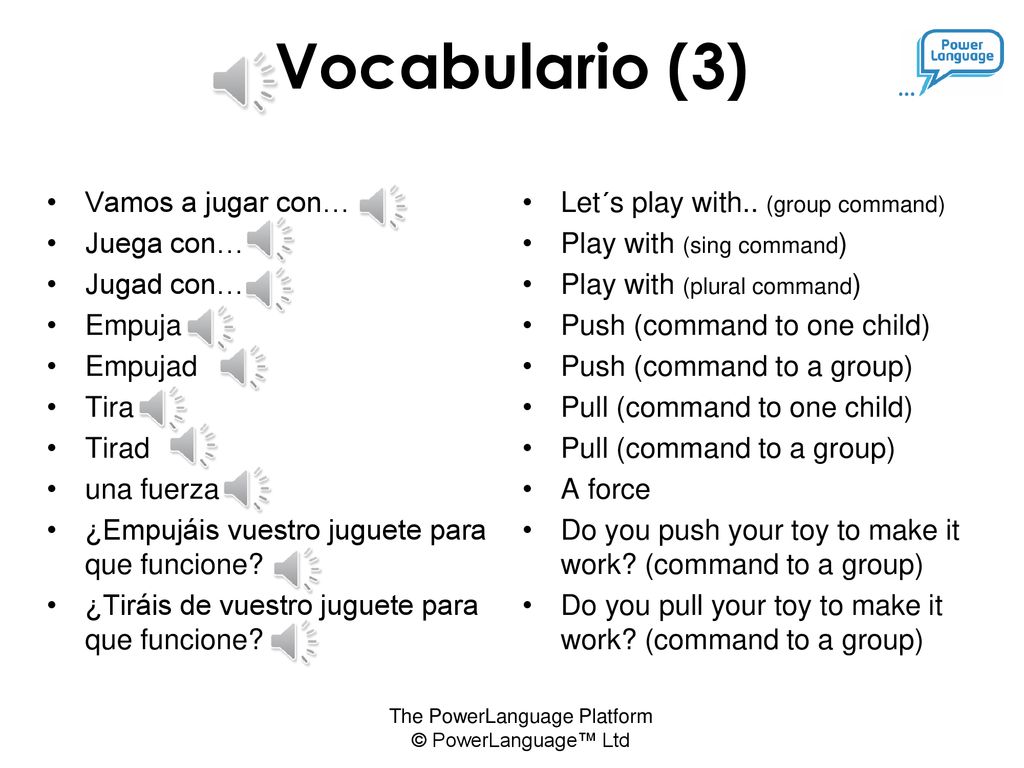 Vocabulario (3) Vamos a jugar con… Juega con… Jugad con… Empuja