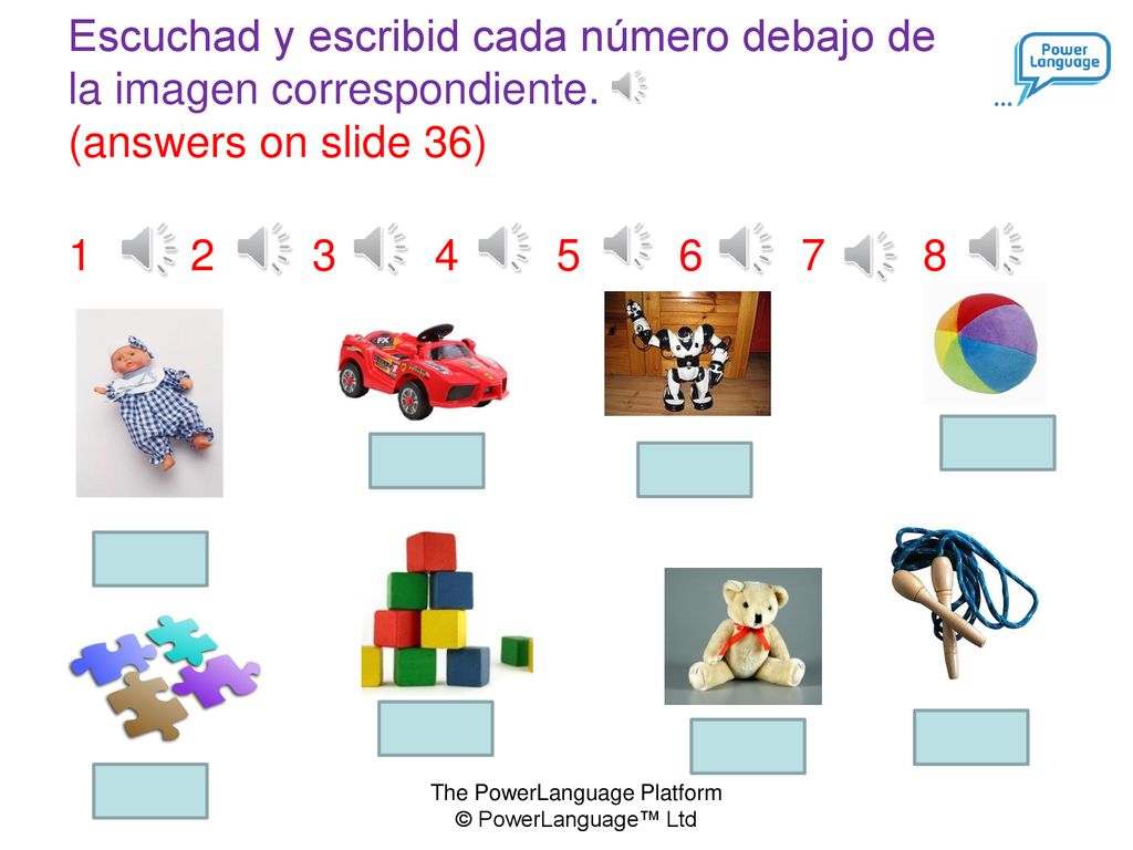 Escuchad y escribid cada número debajo de la imagen correspondiente