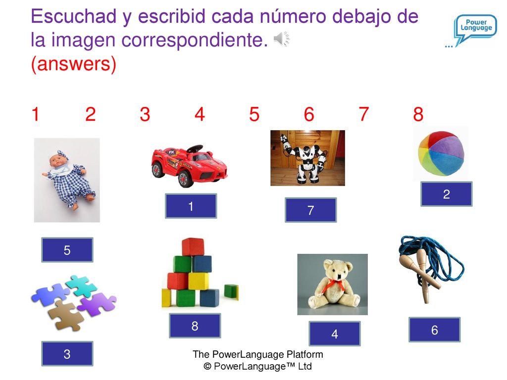 Escuchad y escribid cada número debajo de la imagen correspondiente