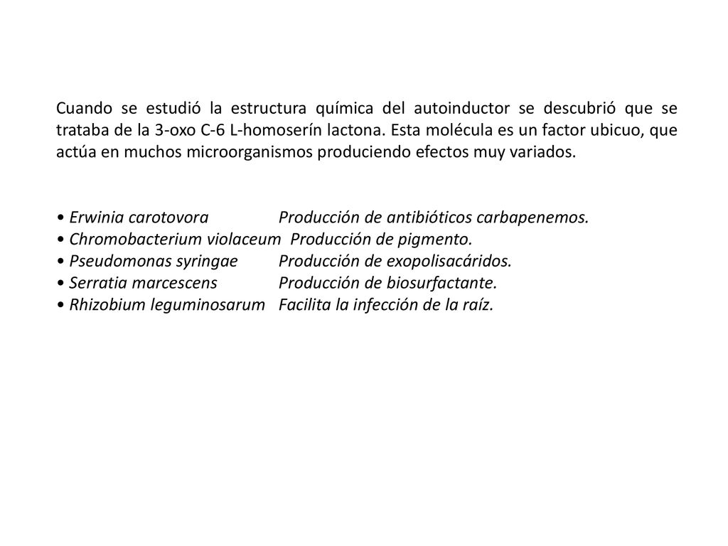 Cuando se estudió la estructura química del autoinductor se descubrió que se trataba de la 3-oxo C-6 L-homoserín lactona. Esta molécula es un factor ubicuo, que actúa en muchos microorganismos produciendo efectos muy variados.