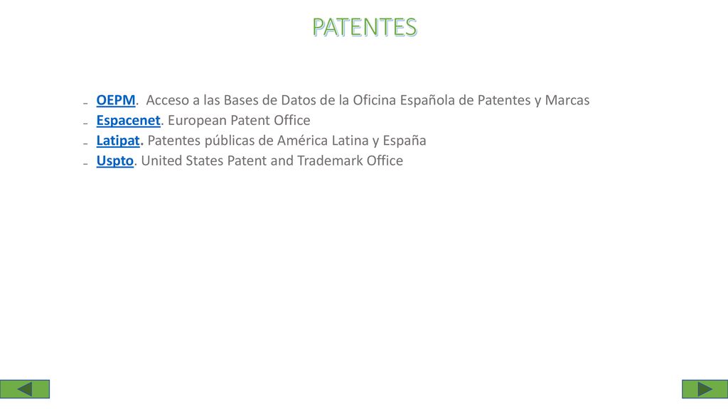 PATENTES OEPM. Acceso a las Bases de Datos de la Oficina Española de Patentes y Marcas. Espacenet. European Patent Office.