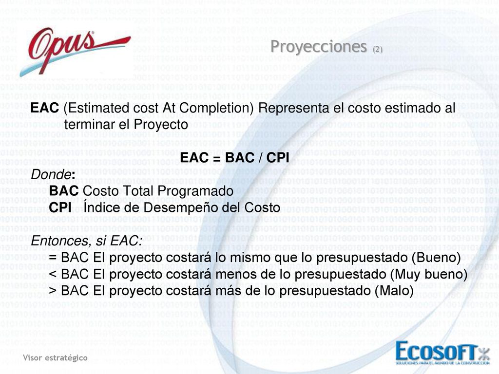 Proyecciones (2) EAC (Estimated cost At Completion) Representa el costo estimado al. terminar el Proyecto.