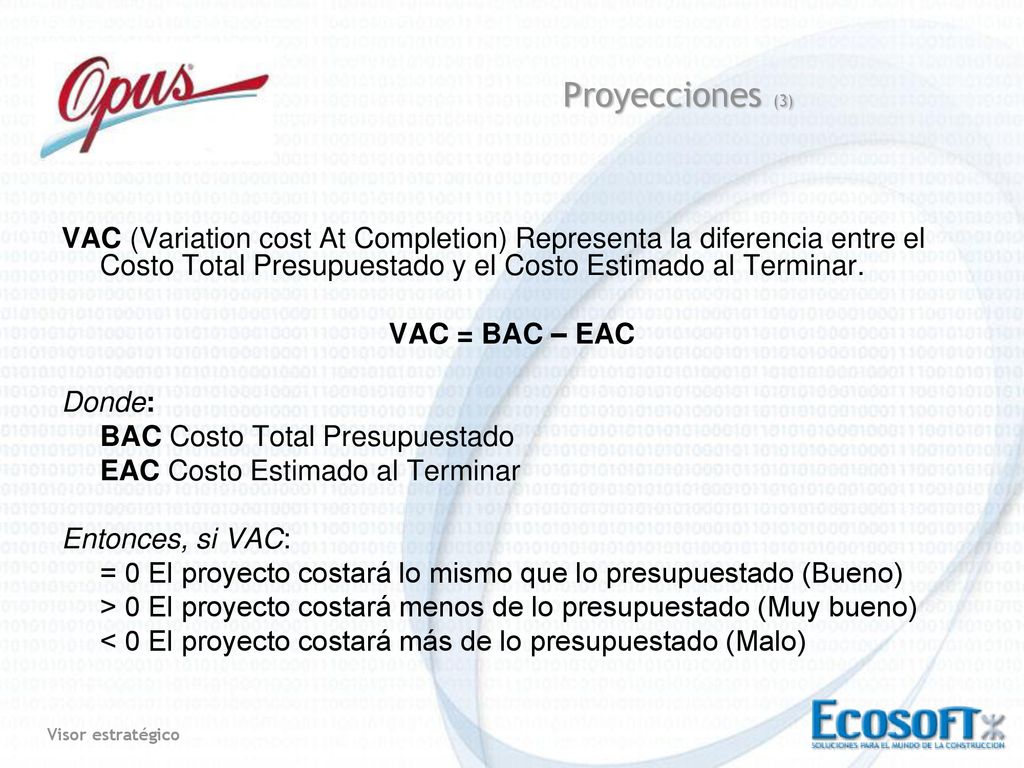 Proyecciones (3) VAC (Variation cost At Completion) Representa la diferencia entre el Costo Total Presupuestado y el Costo Estimado al Terminar.