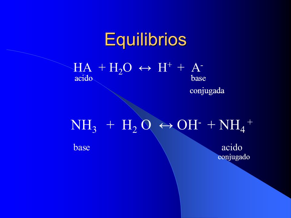 Equilibrios NH3 + H2 O ↔ OH- + NH4 + base acido HA + H2O ↔ H+ + A-