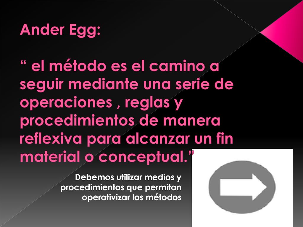 Ander Egg: el método es el camino a seguir mediante una serie de operaciones , reglas y procedimientos de manera reflexiva para alcanzar un fin material o conceptual.