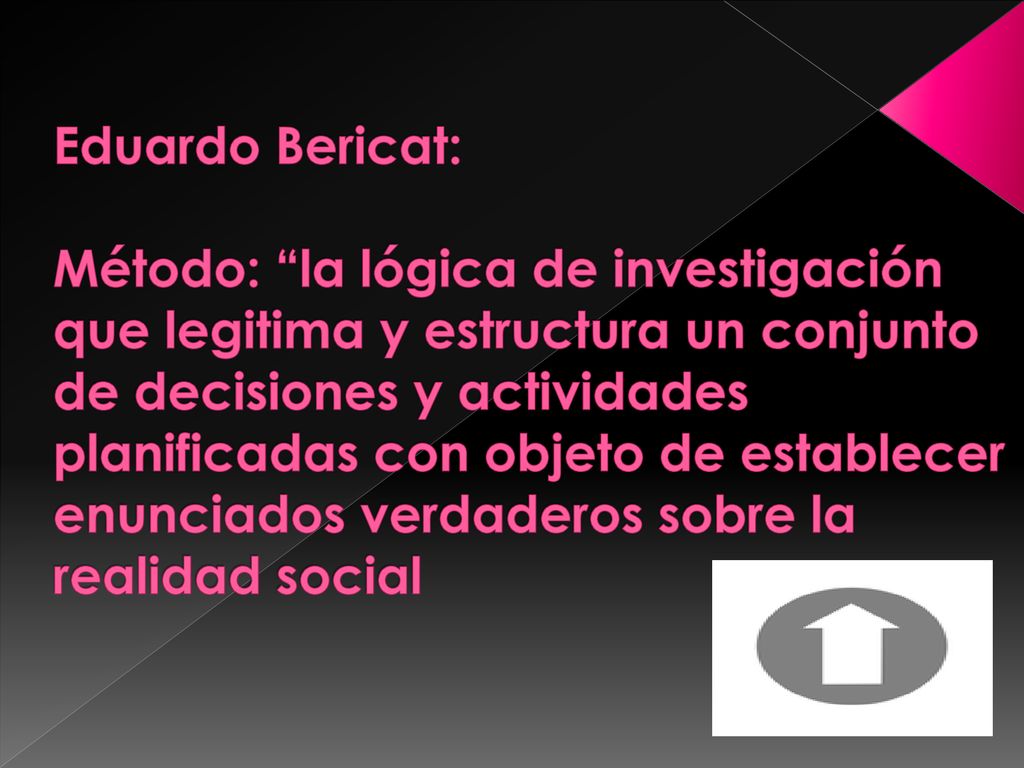Eduardo Bericat: Método: la lógica de investigación que legitima y estructura un conjunto de decisiones y actividades planificadas con objeto de establecer enunciados verdaderos sobre la realidad social