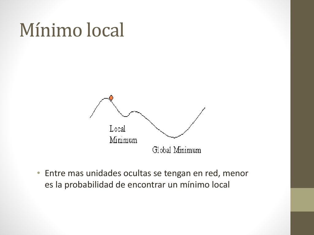 Mínimo local Entre mas unidades ocultas se tengan en red, menor es la probabilidad de encontrar un mínimo local.