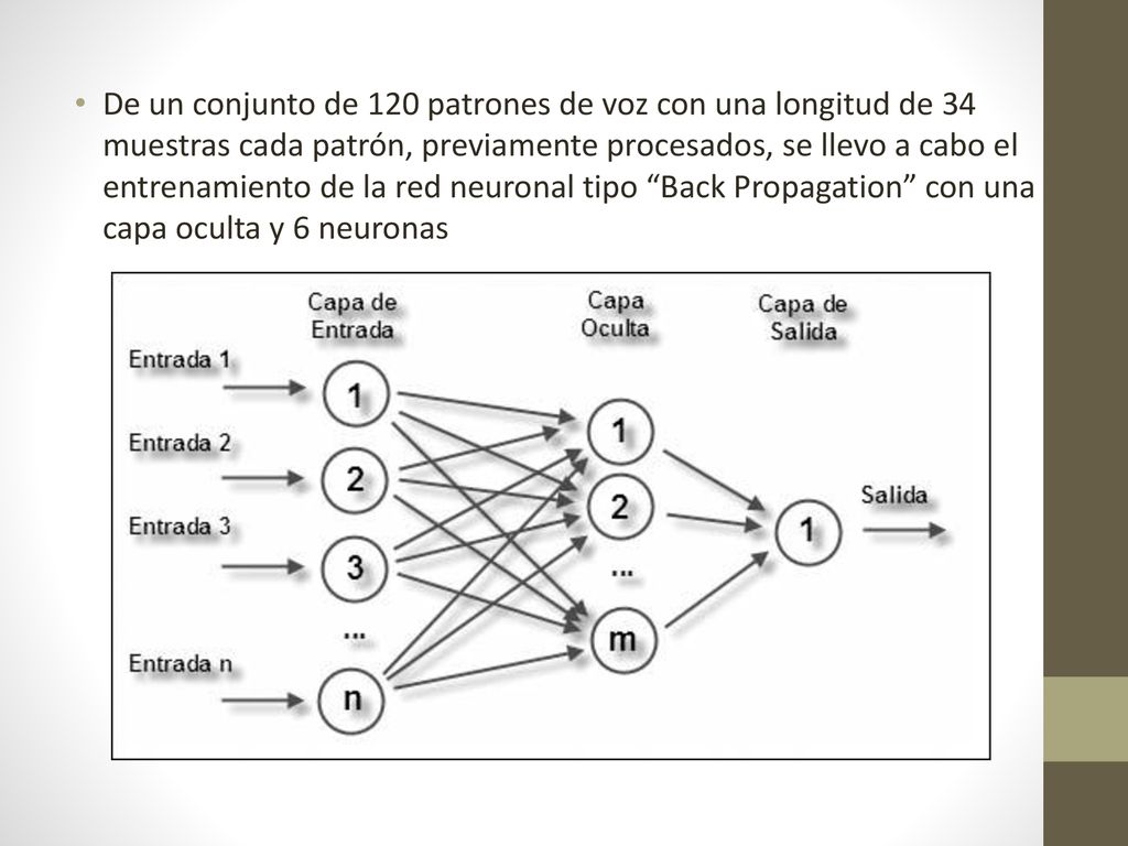 De un conjunto de 120 patrones de voz con una longitud de 34 muestras cada patrón, previamente procesados, se llevo a cabo el entrenamiento de la red neuronal tipo Back Propagation con una capa oculta y 6 neuronas