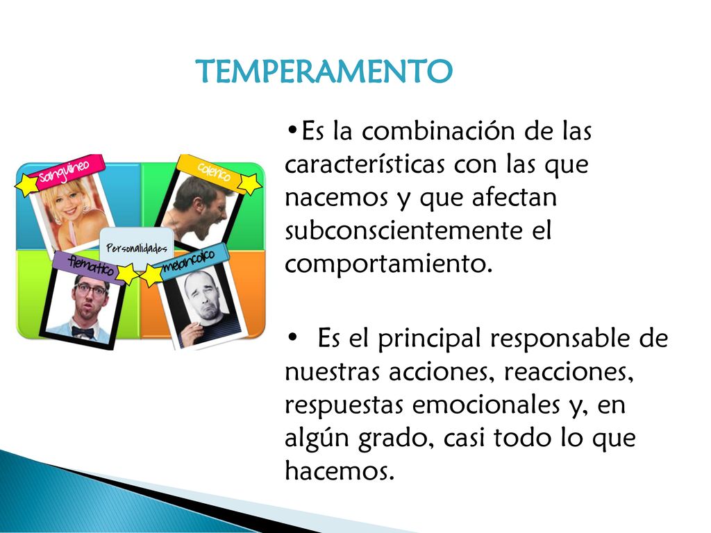 TEMPERAMENTO Es la combinación de las características con las que nacemos y que afectan subconscientemente el comportamiento.