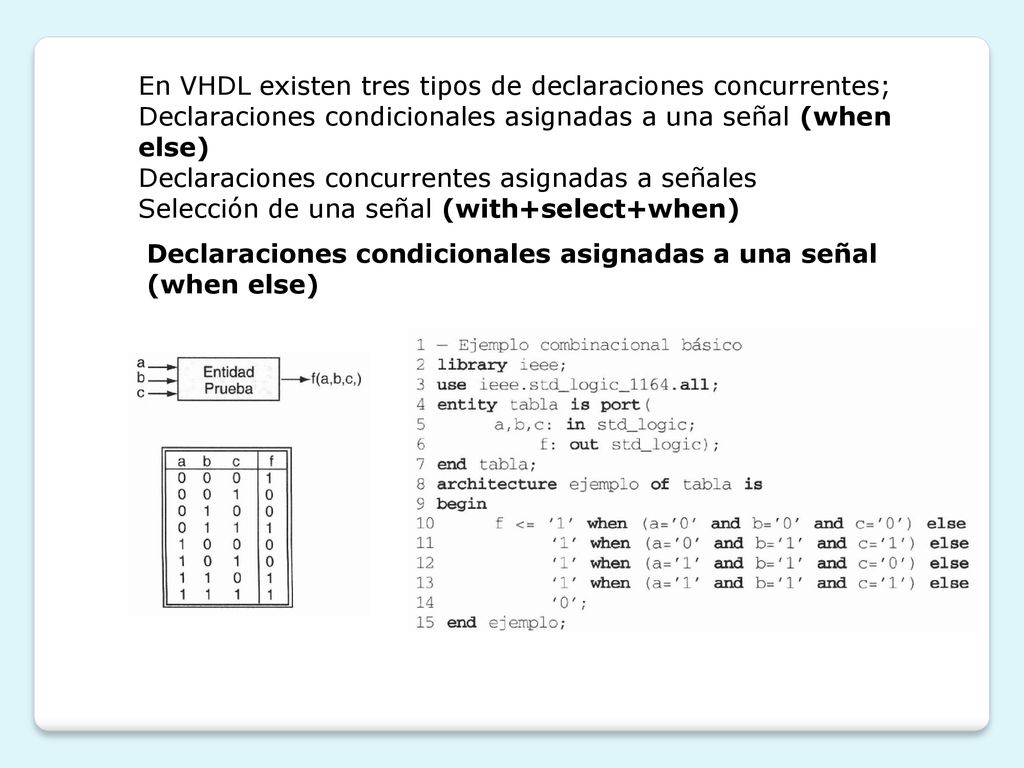 En VHDL existen tres tipos de declaraciones concurrentes;