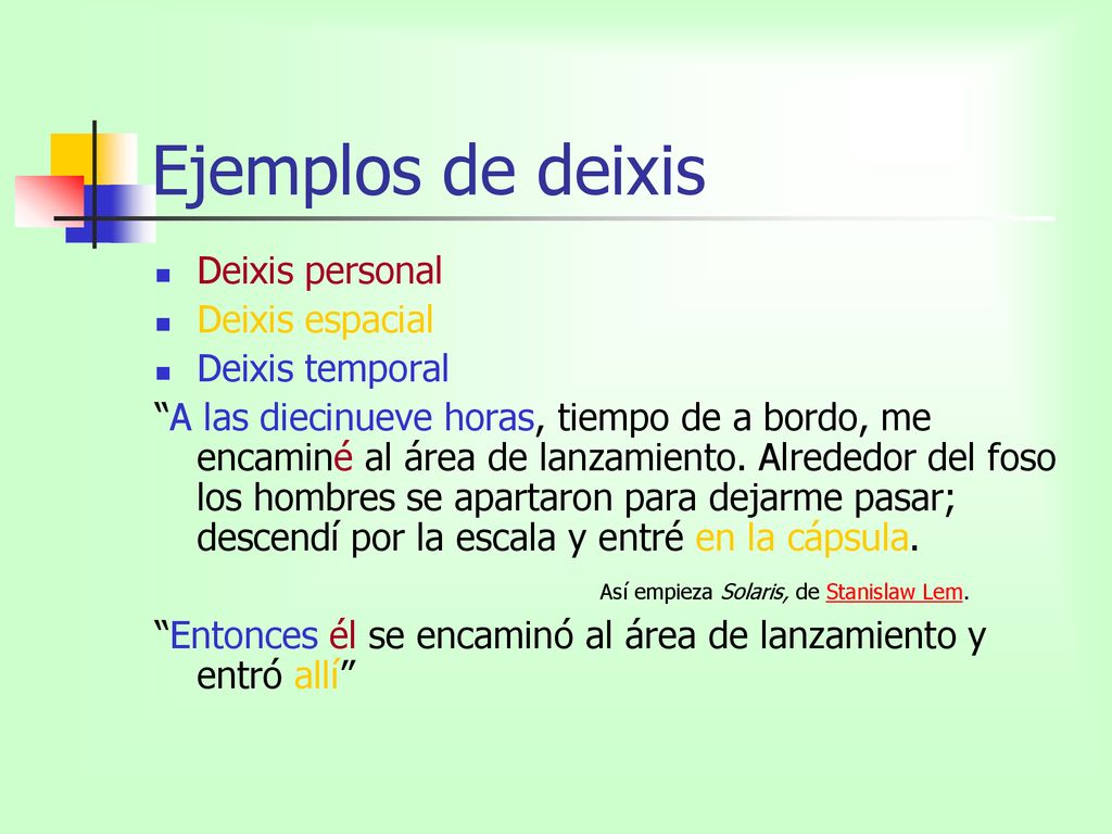 Ejemplos de deixis Deixis personal Deixis espacial Deixis temporal