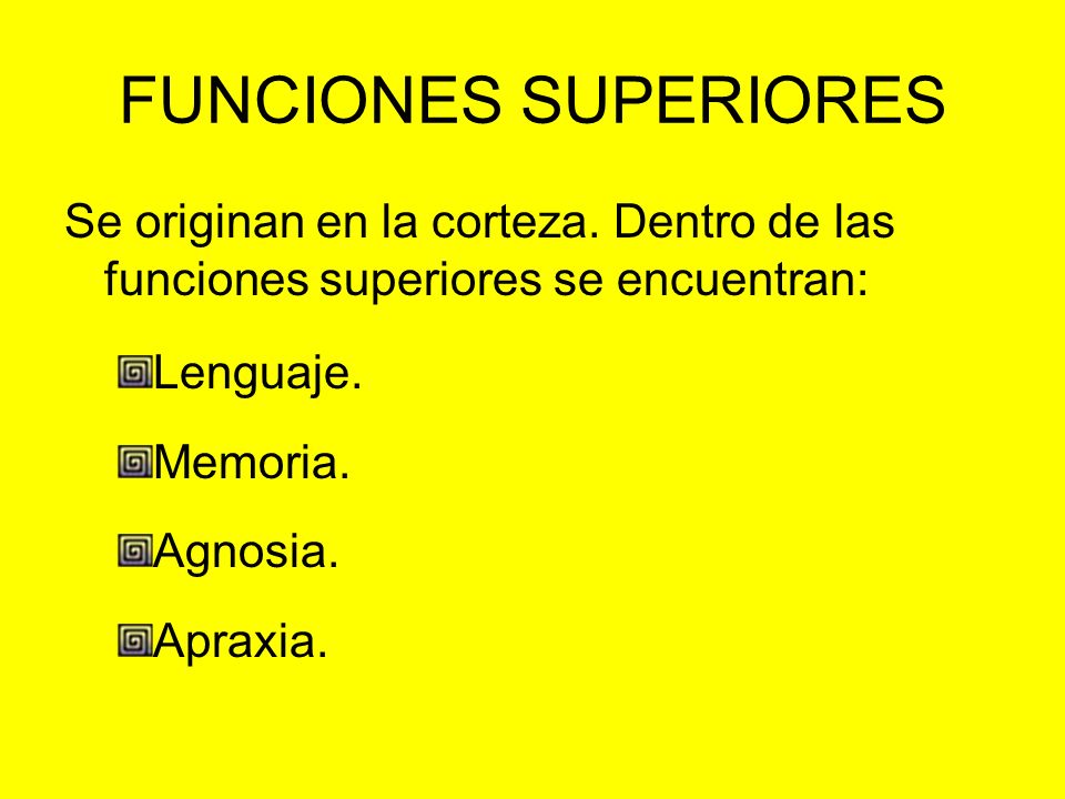 FUNCIONES SUPERIORES Se originan en la corteza. Dentro de las funciones superiores se encuentran: Lenguaje.