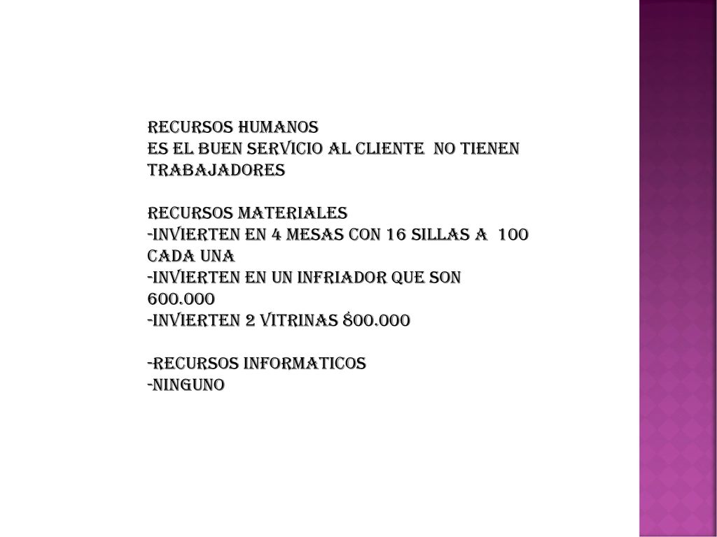 RECURSOS HUMANOS ES EL BUEN SERVICIO AL CLIENTE NO TIENEN TRABAJADORES. RECURSOS MATERIALES. INVIERTEN EN 4 MESAS CON 16 SILLAS A 100 CADA UNA.
