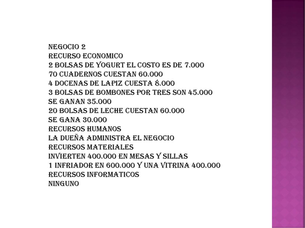 NEGOCIO 2 RECURSO ECONOMICO. 2 BOLSAS DE YOGURT EL COSTO ES DE CUADERNOS CUESTAN