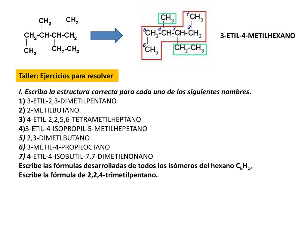 3-ETIL-4-METILHEXANO Taller: Ejercicios para resolver. I. Escriba la estructura correcta para cada uno de los siguientes nombres.