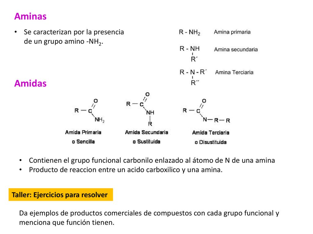 Aminas Amidas Se caracterizan por la presencia de un grupo amino -NH2.