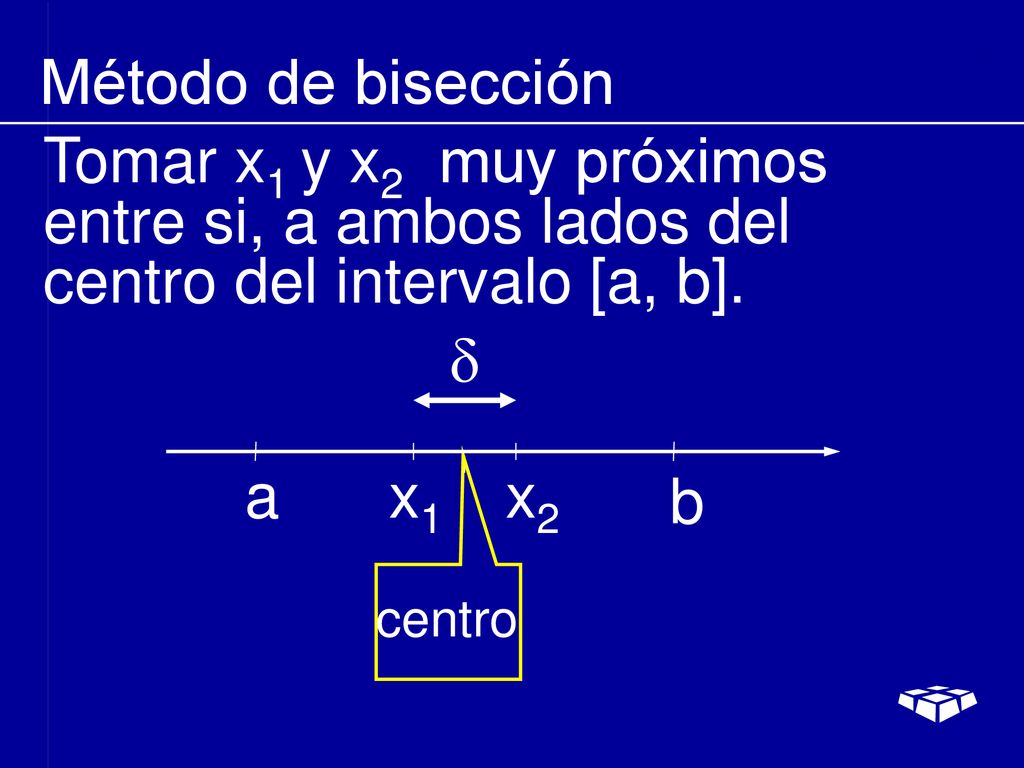 Método de bisección Tomar x1 y x2 muy próximos entre si, a ambos lados del centro del intervalo [a, b].