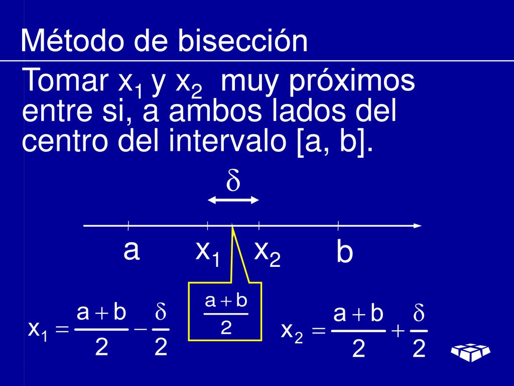 Método de bisección Tomar x1 y x2 muy próximos entre si, a ambos lados del centro del intervalo [a, b].