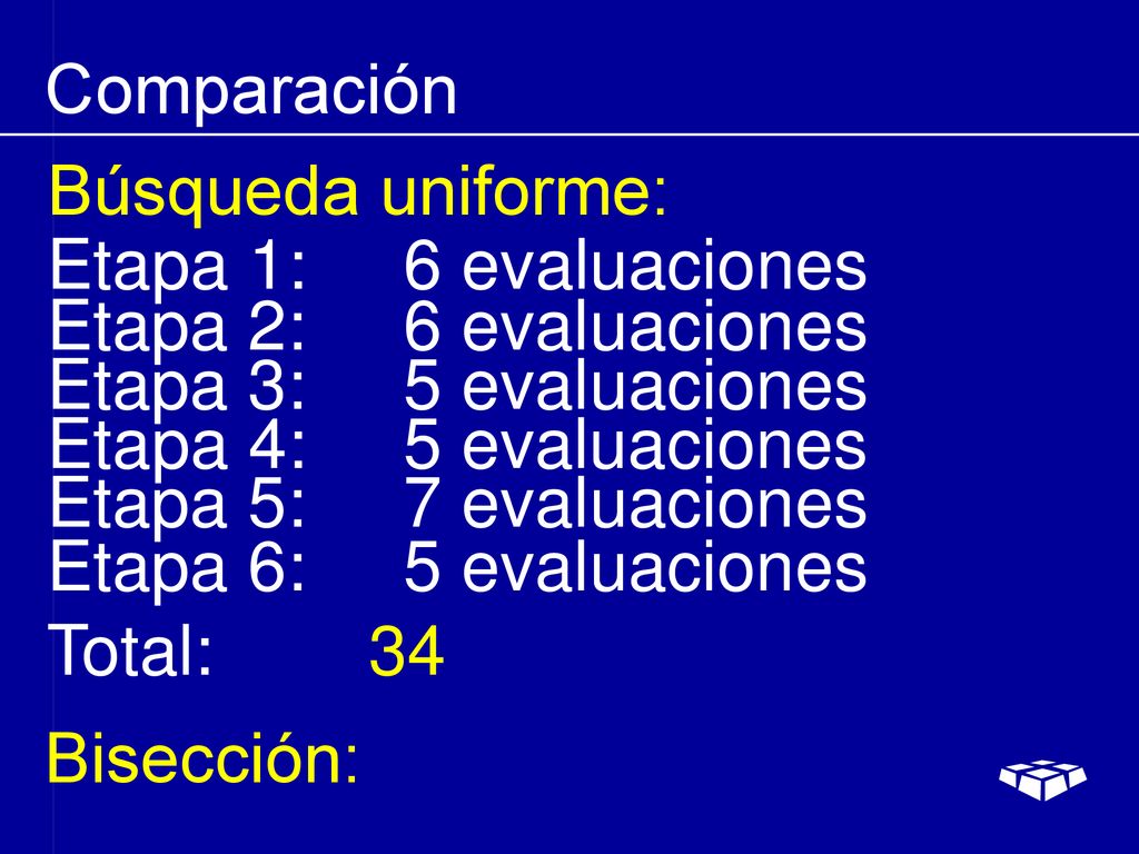 Comparación Búsqueda uniforme: Etapa 1: 6 evaluaciones. Etapa 2: 6 evaluaciones. Etapa 3: 5 evaluaciones.
