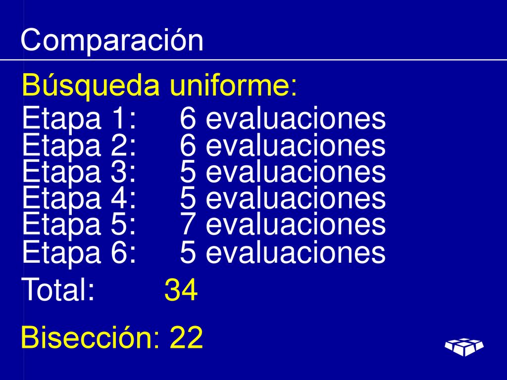 Comparación Búsqueda uniforme: Etapa 1: 6 evaluaciones. Etapa 2: 6 evaluaciones. Etapa 3: 5 evaluaciones.